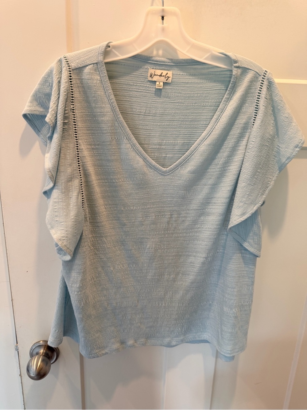 Wonderly Blue Textured Flutter Sleeve V Neck Top Womens Small Casual Tee
